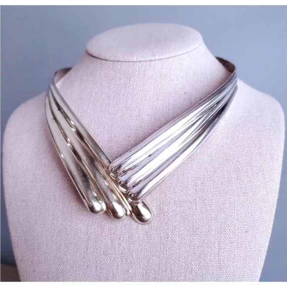 Taxco Mexico Sterling Silver Torc Necklace V Shaped Choker Collar 15-inch 76g - Picture 3 of 15